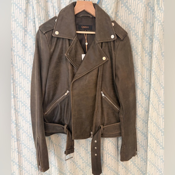 NWT Quince 100% Leather Motorcycle Jacket, slim cropped fit in distressed brown - Picture 5 of 7